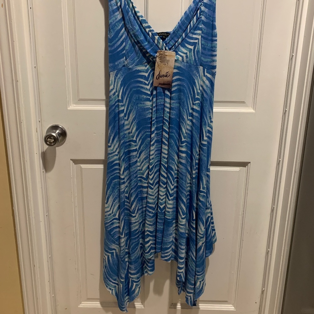 Dunia Blue Patten V-Neck Handkerchief Dress XL NWT
